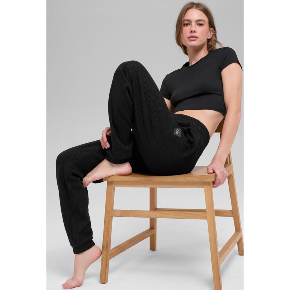Alo Waffle Weekend Escape Joggers Black High-Rise Waist Thermal Sweats Sweatpant - Picture 5 of 12